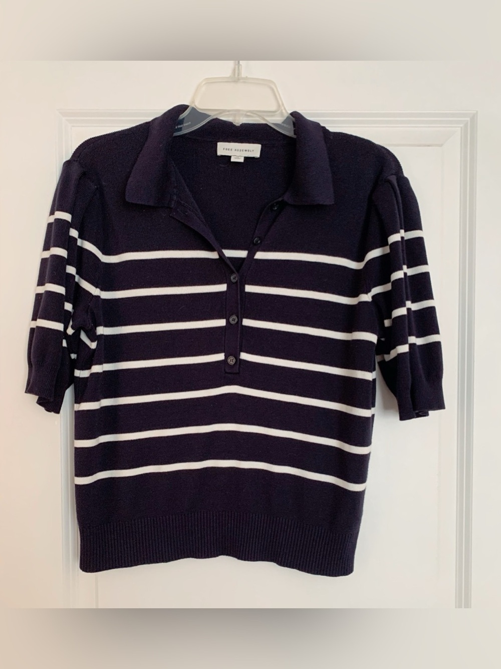 Free Assembly Striped Short Sleeve Sweater in Purple & White Like New